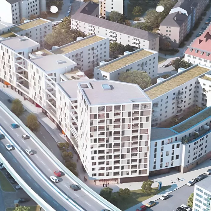 Luftaufnahme des Wohnkomplexes-Wohnen am Candidplatz